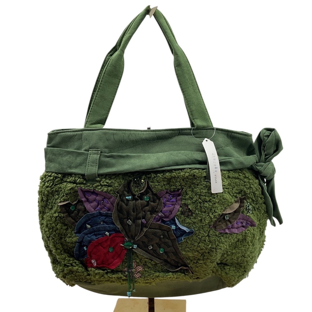 Far nine Green Sherpa Faux Suede Floral Appliqué Embellished Boho Tote Bag